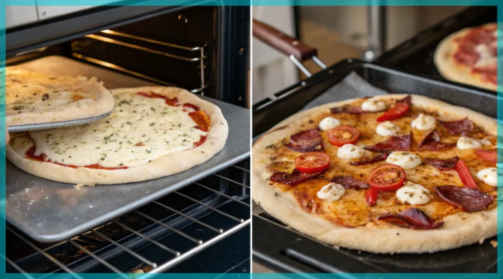 Pizza being placed in the oven, and a picture of a cooked pizza