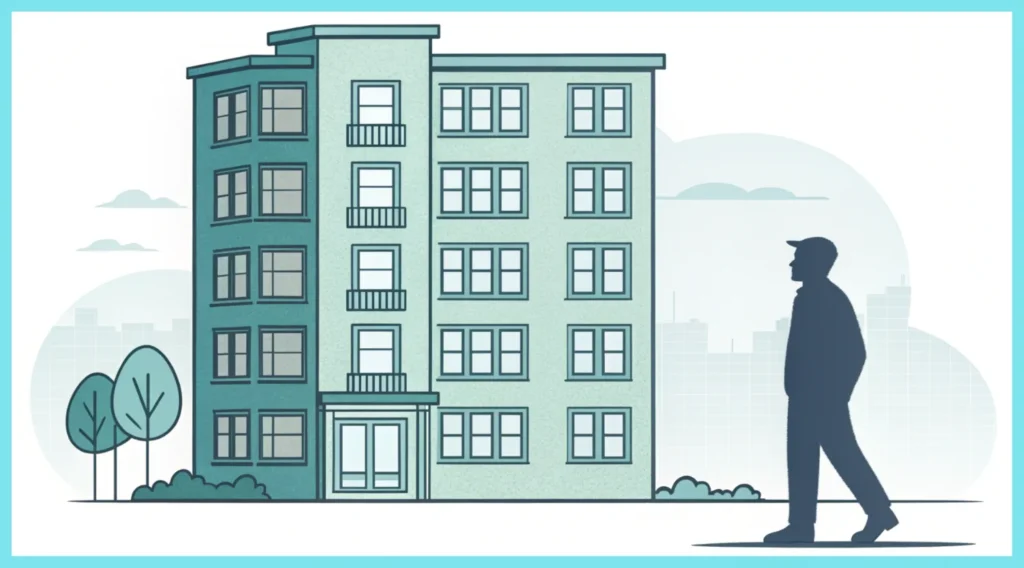 "Residual Tenancy" Illustration of an apartment building with a faint, transparent silhouette of a person next to it, indicating that someone may still be considered an occupant.