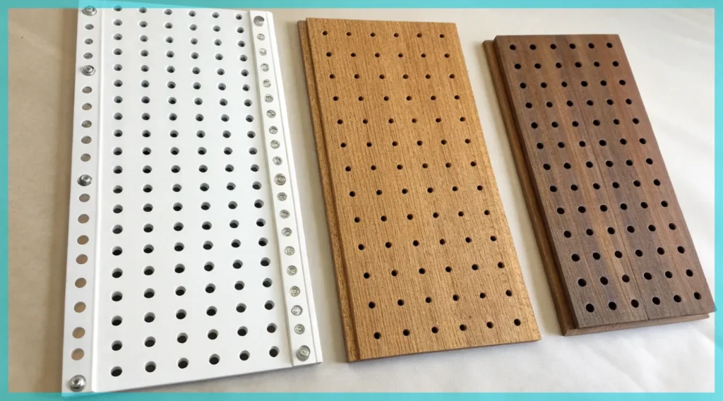 Comparison photo of wooden and plastic pegboards, showcasing different sizes and peg spacing