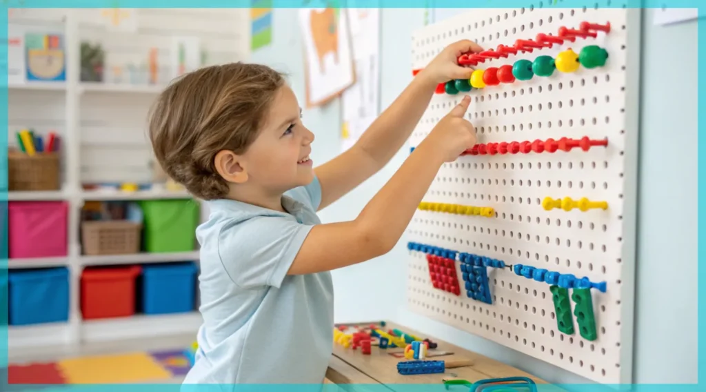 A child moving a token on a pegboard chore system, promoting independence