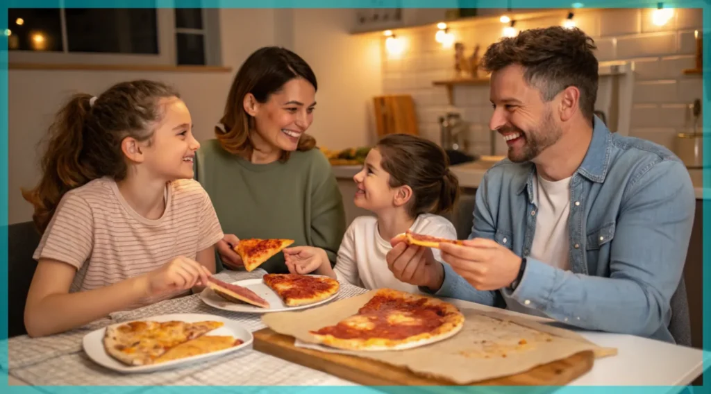 a photo of a family enjoying their homemade pizza