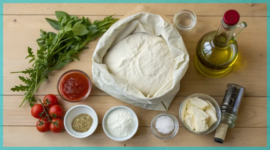 A flat-lay of the ingredients - flour, yeast, water, olive oil, salt