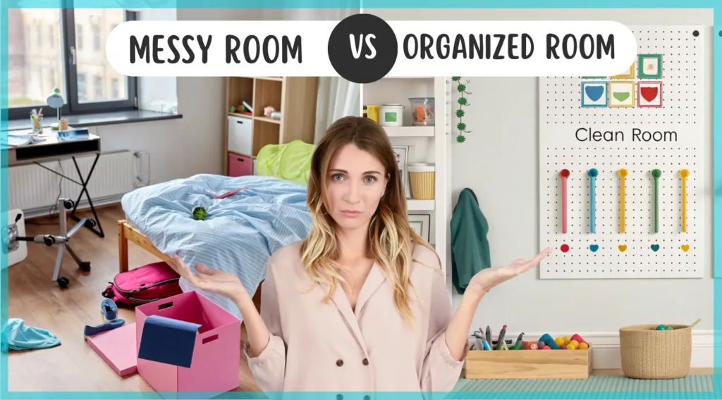 Before and after comparison of a messy kid's room and an organized one with a pegboard system