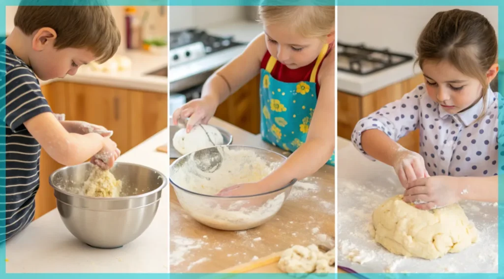 Step-by-step images of mixing, kneading, and letting the dough rise with kids' hands in the images