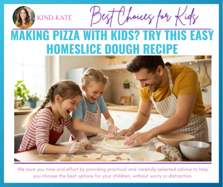 A cheerful photo of kids making pizza dough with a parent, maybe a bit messy!