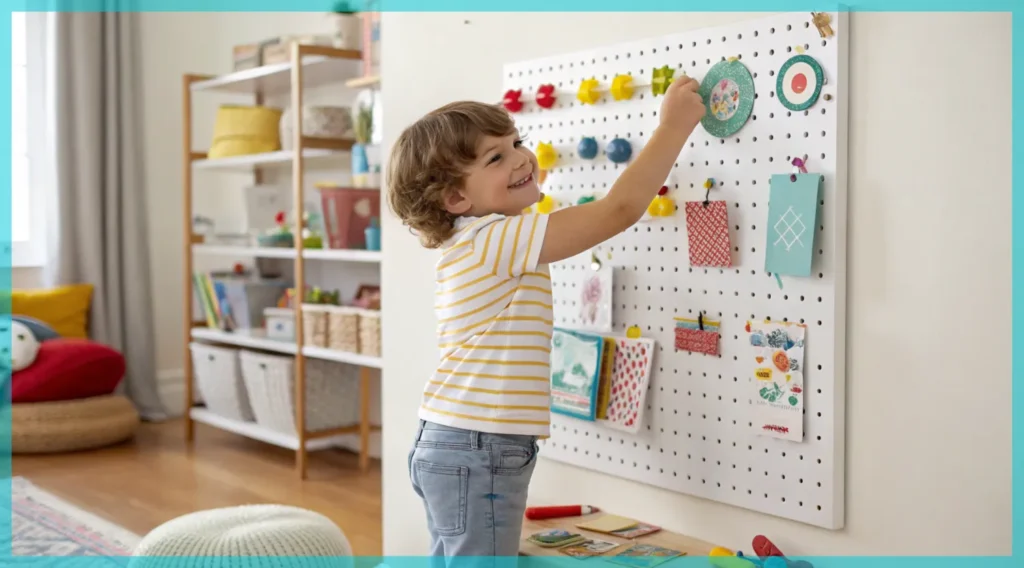 A child decorating a pegboard with colors and symbols, showcasing the importance of personalization