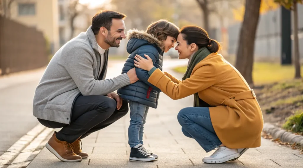 A close-up photograph of a mother and father interacting with their child with warmth, touching hands and heads, showing physical affection and emotional connection.