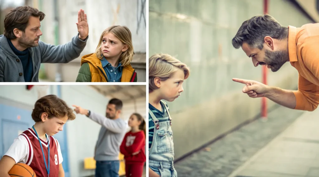 A collage of 3 photographs illustrating different ways adults make children feel unappreciated:
a man dismissing a child, a coach pointing an angry finger at a child, and an adult yelling at a child. The children show signs of sadness, frustration, and feeling put down.