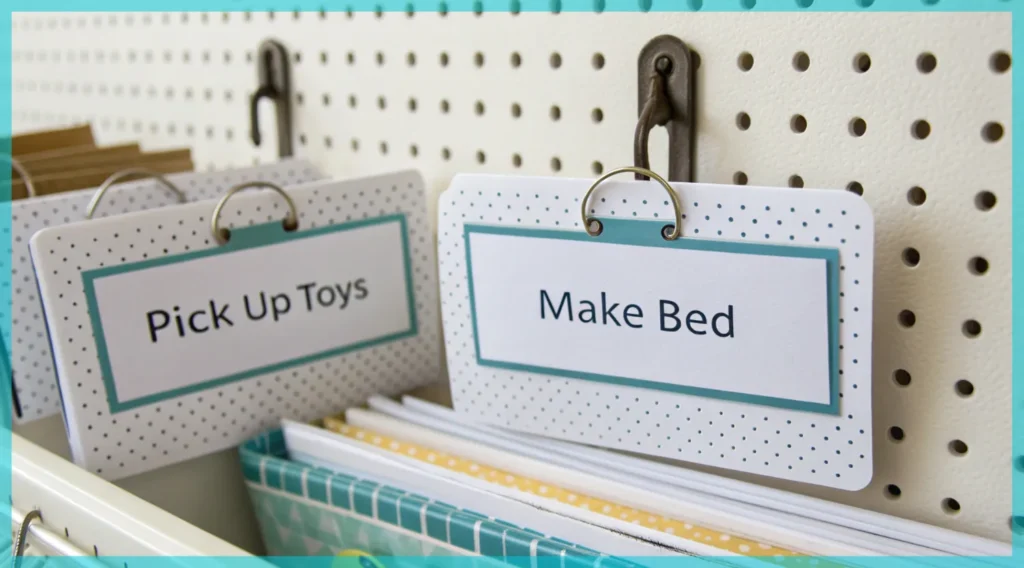 Close-up of labels on a pegboard, showing different tasks such as pick up toys, make the bed, and dust the shelves