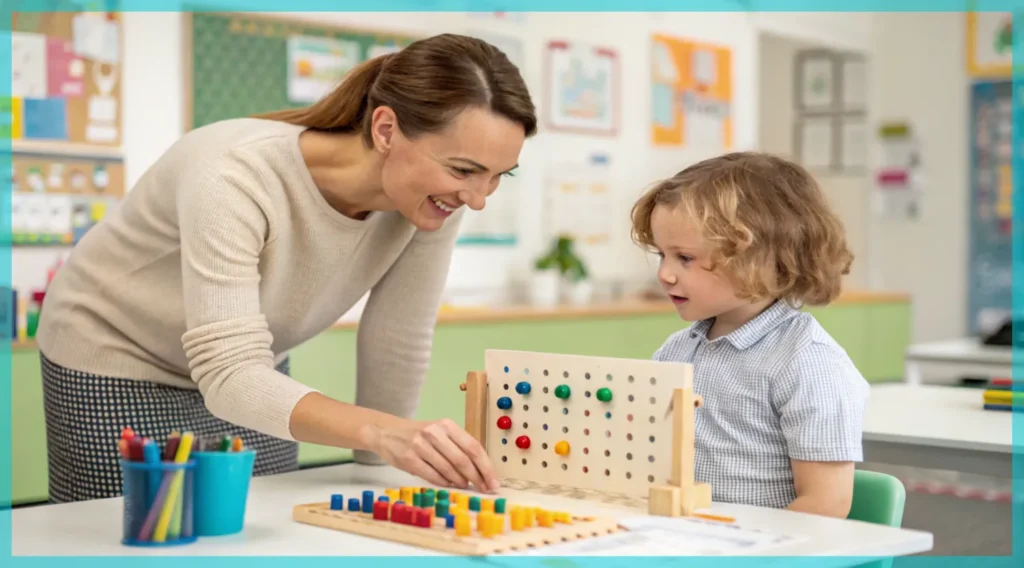 Image of a parent demonstrating how to use a pegboard system to their child