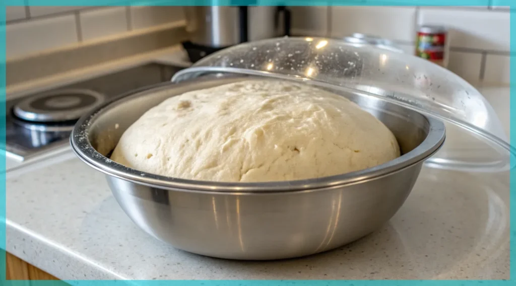 An image of the dough in a bowl, covered and rising