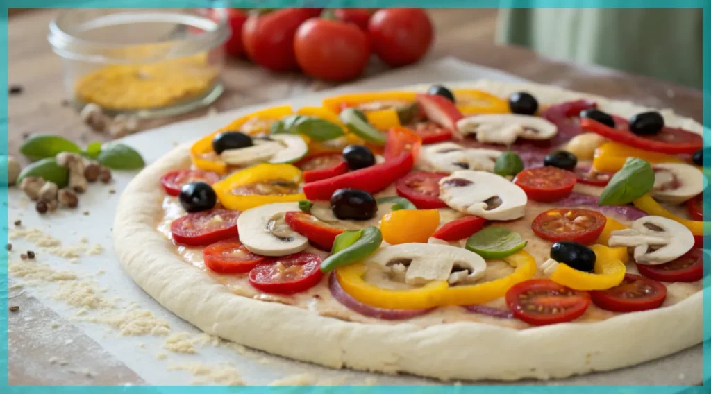  A fun image of a pizza with lots of colorful toppings