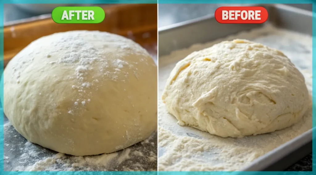 A close-up of the dough before and after rising, showing its texture