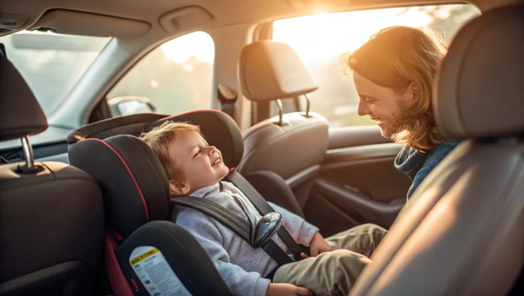 A young child happily secured in a forward-facing car seat smiles at their caregiver in a sunlit car interior, emphasizing child car safety and loving connections.